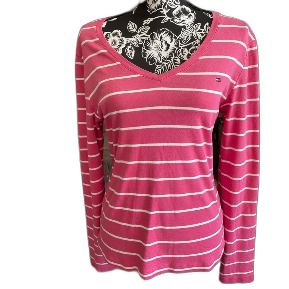 Tommy Hilfiger Women's Pink & White Striped Long-Sleeved Cotton Top Size Large